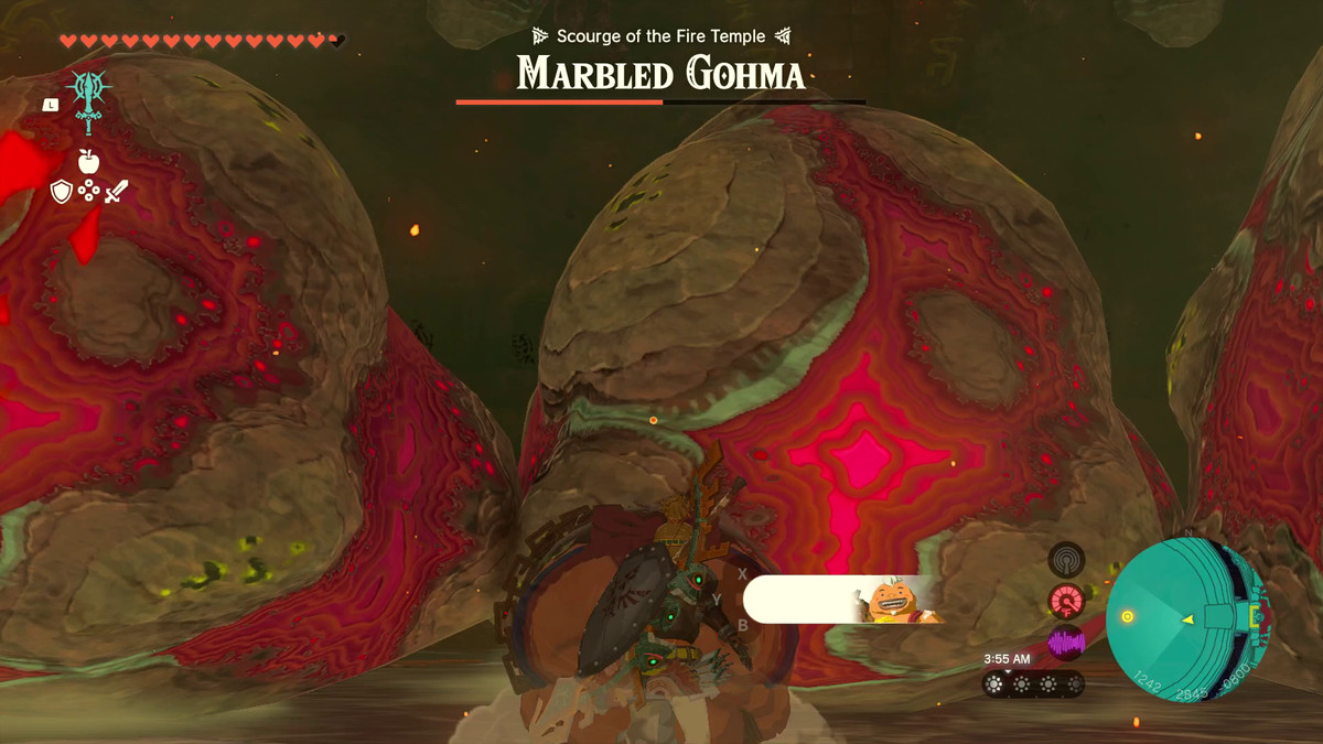 A wall of marbled rock blocking Link from the boss in Tears of the Kingdom. Link is charging up to fire Yunobo at the rocks.