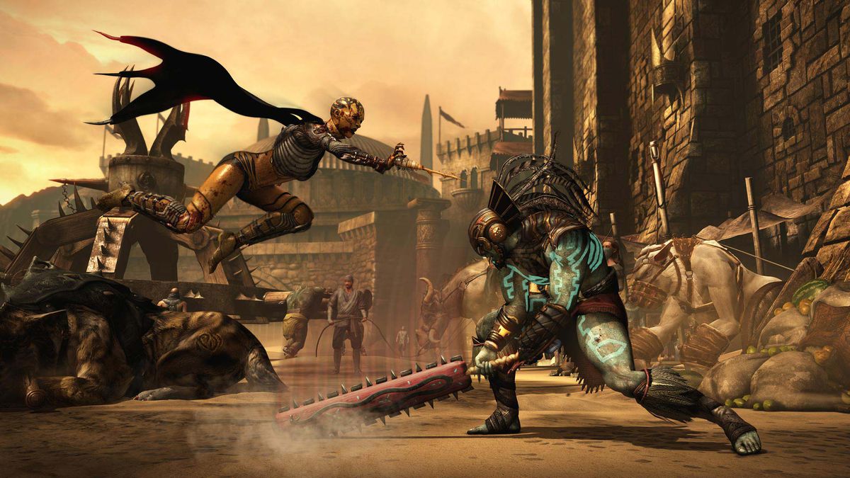 D’Vorah leaps toward Kotal Kahn in Mortal Kombat X