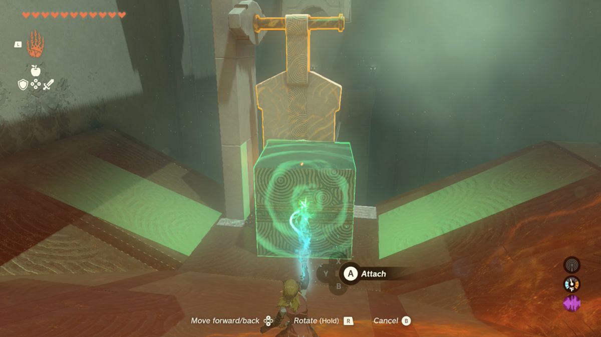 Link fäster en kub till en slapper i Utsushok Shrine i Zelda: Tears of the Kingdom