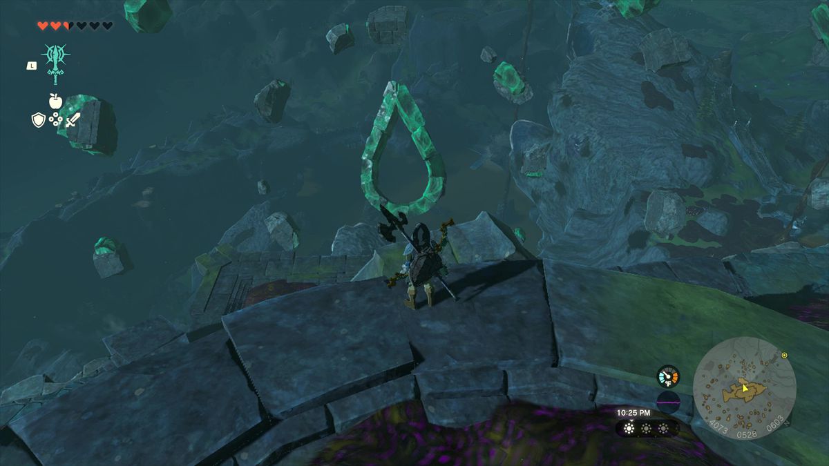 The Legend of Zelda: Tears of the Kingdom Link står längs den södra kanten av Floating Scales Island med skräp i form av en våg.