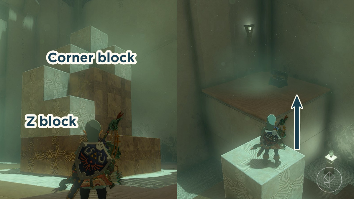 Link tar bort hörnet och L-blocket från en nyskapad kub och placerar en av dem ovanpå kuben för att skapa högre höjd.