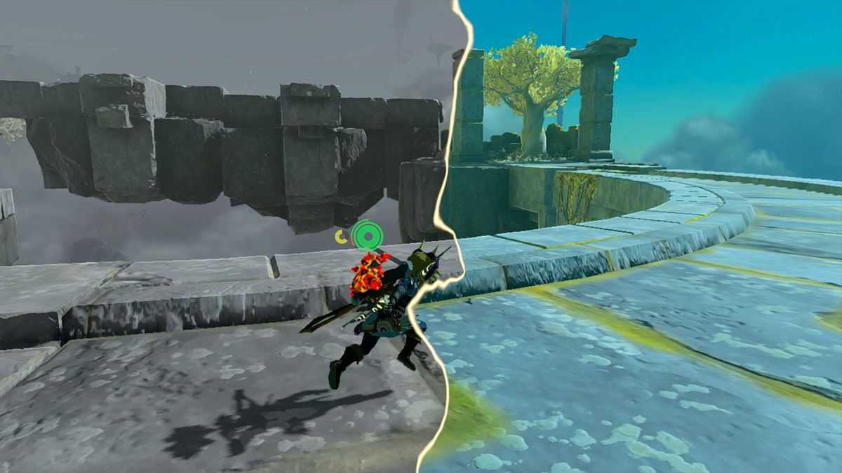 Link springer över en bro medan Recall träder i kraft i The Legend of Zelda: Tears of the Kingdom