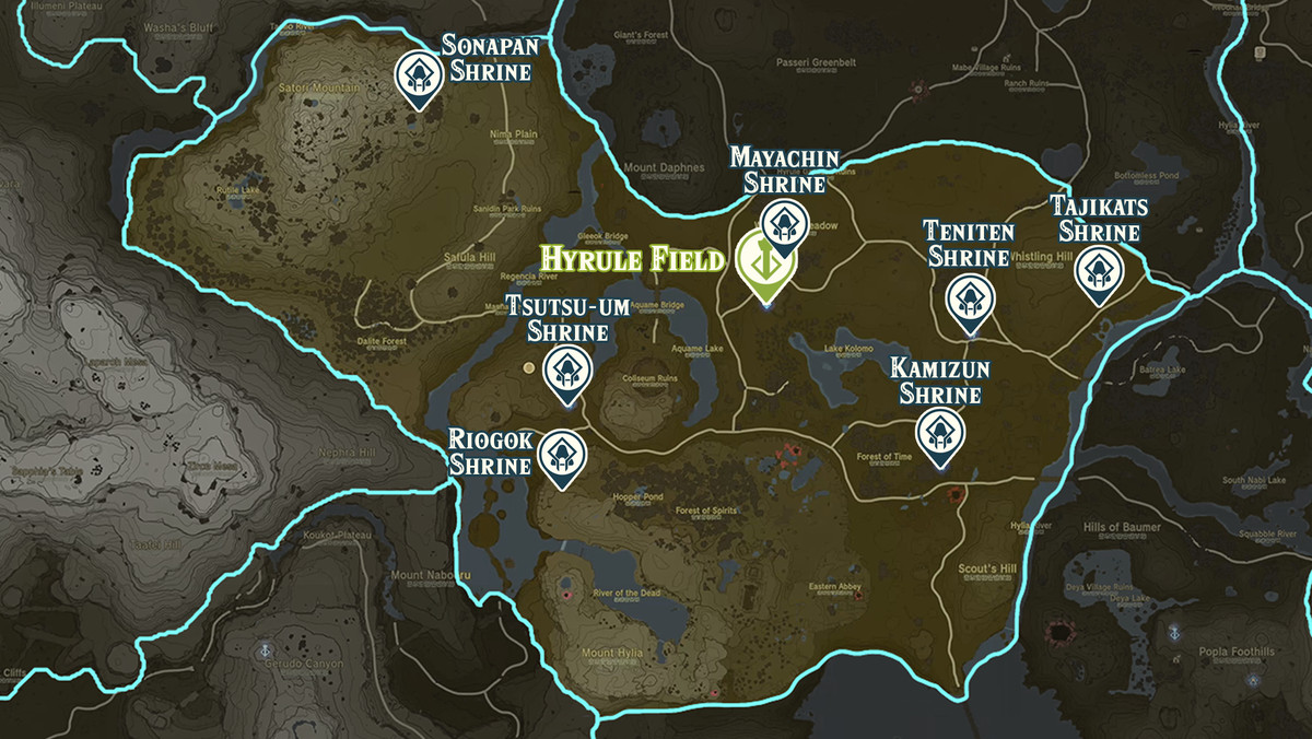 Zelda Tears of the Kingdom-karta över Hyrule Field-regionen med helgedomsplatser markerade