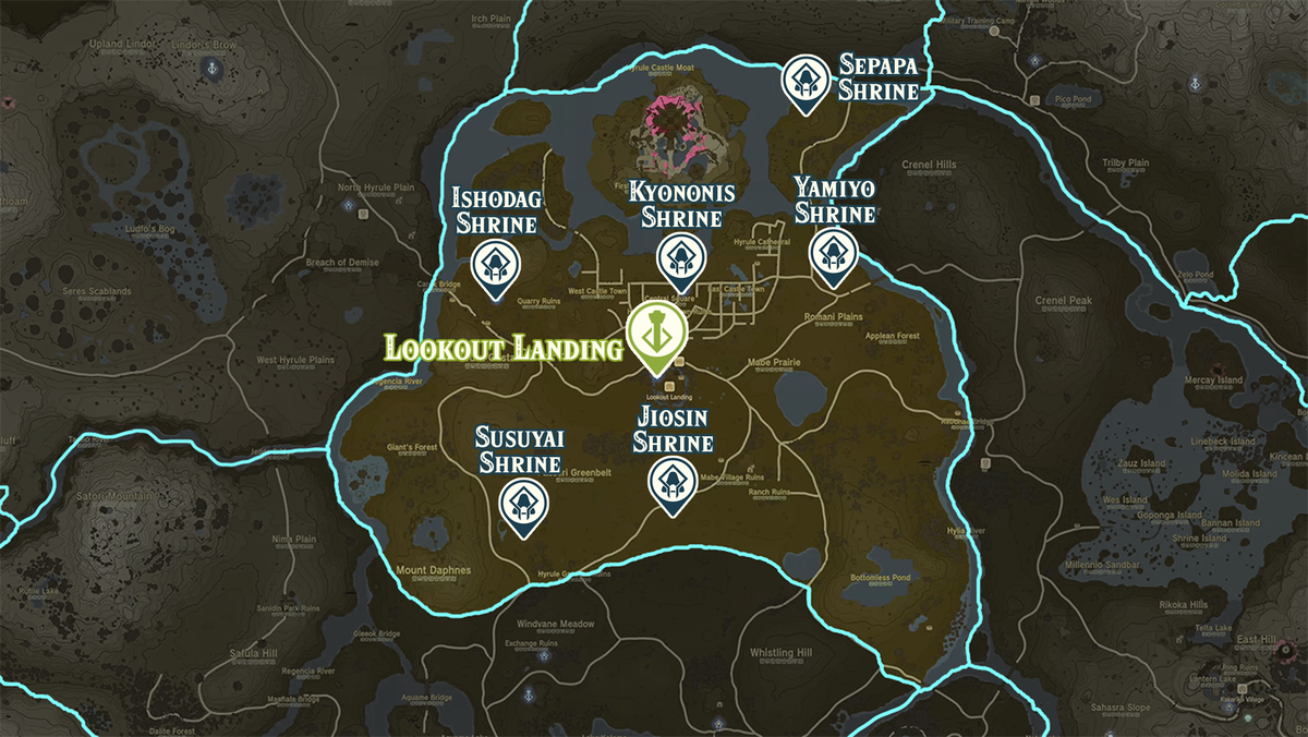 Zelda Tears of the Kingdom-karta över Lookout Landing-regionen med helgedomsplatser markerade