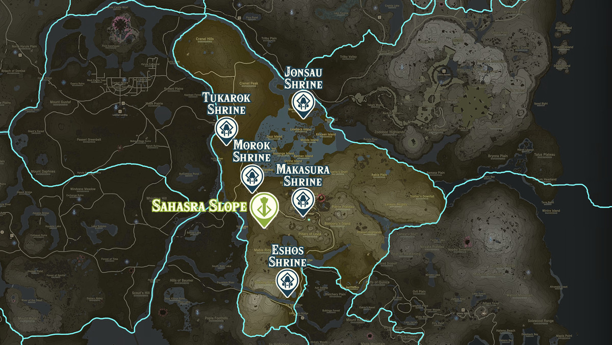 Zelda Tears of the Kingdom karta över Sahasra Slope-regionen med helgedomsplatser markerade
