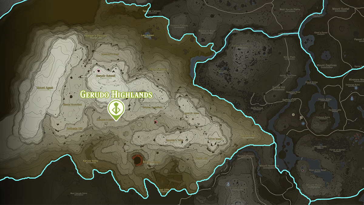 Zelda: Tears of the Kingdom-karta över Gerudo Highlands-regionen med helgedomsplatser markerade