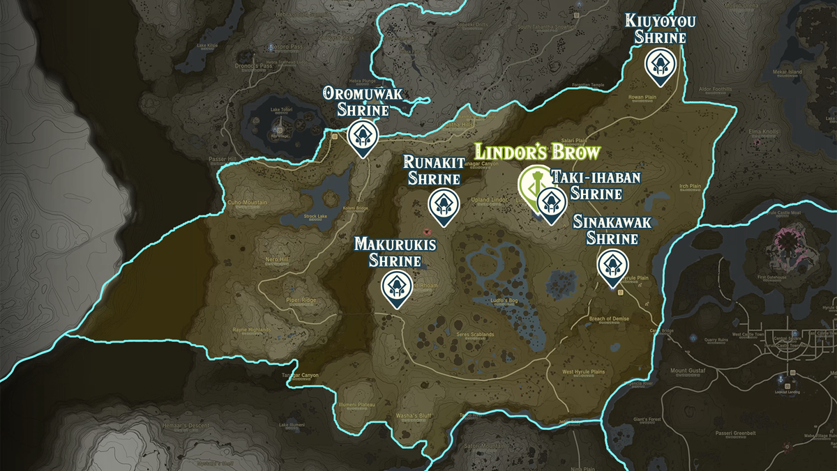 Zelda Tears of the Kingdom-karta över Lindor's Brow-regionen med helgedomsplatser markerade