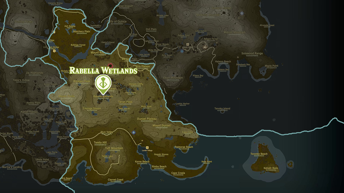 Zelda Tears of the Kingdom-karta över Rabella Wetlands-regionen med helgedomsplatser markerade