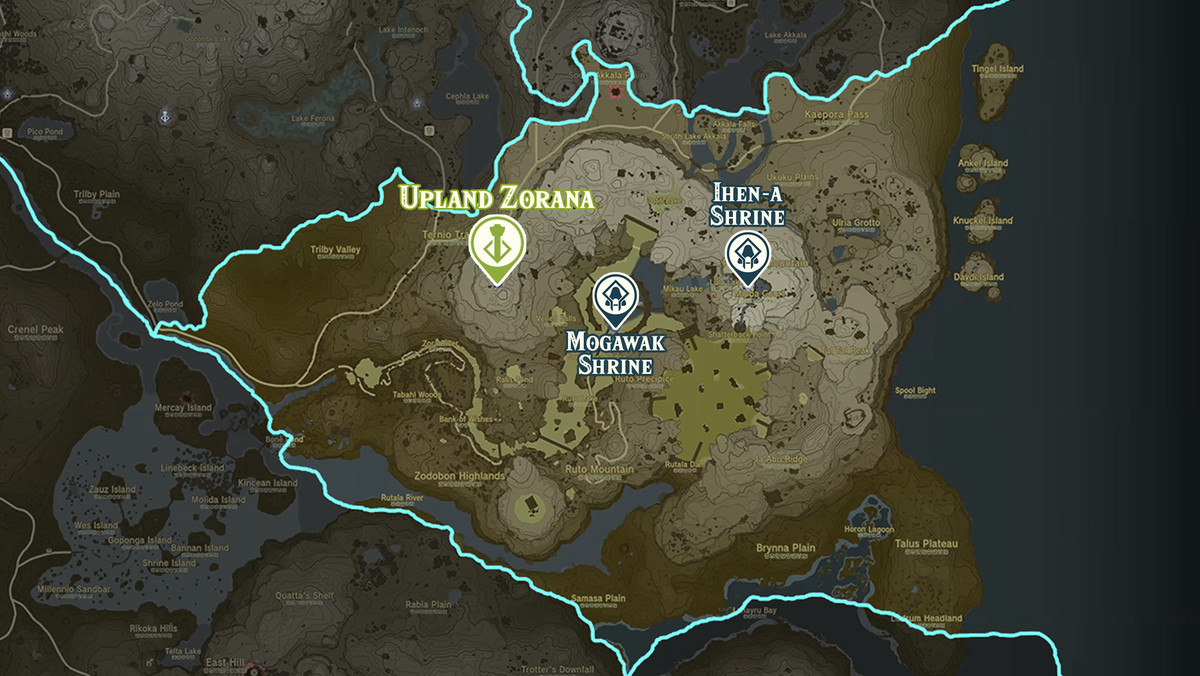 Zelda Tears of the Kingdom-karta över Upland Zorana-regionen med helgedomsplatser markerade
