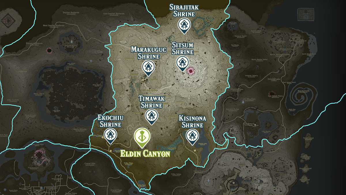 Zelda Tears of the Kingdom-karta över Eldin Canyon-regionen med helgedomsplatser markerade