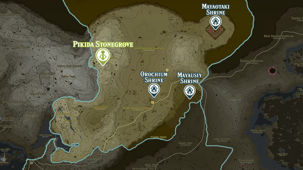 Zelda Tears of the Kingdom-karta över Pikida Stonegrove-regionen med helgedomsplatser markerade