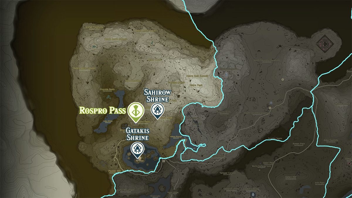 Zelda Tears of the Kingdom-karta över Rospro Pass-regionen med helgedomsplatser markerade