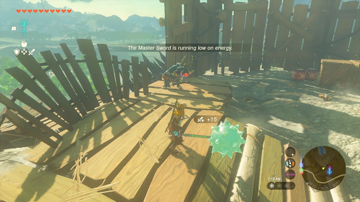 Link smälter samman Master Sword med en spetsad boll efter att ha sett uppmaningen att vapnet börjar ta slut i Zelda: Tears of the Kingdom