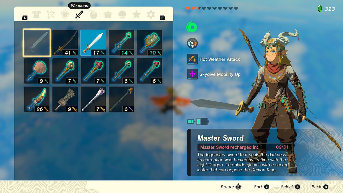 En skärmdump av vapenmenyn i Zelda: Tears of the Kingdom, som visar en timer på Master Sword medan det laddar sin energi