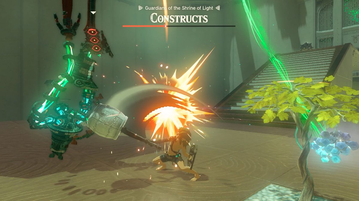 Link attackerar en konstruktion i Sifumim Shrine i Zelda: Tears of the Kingdom