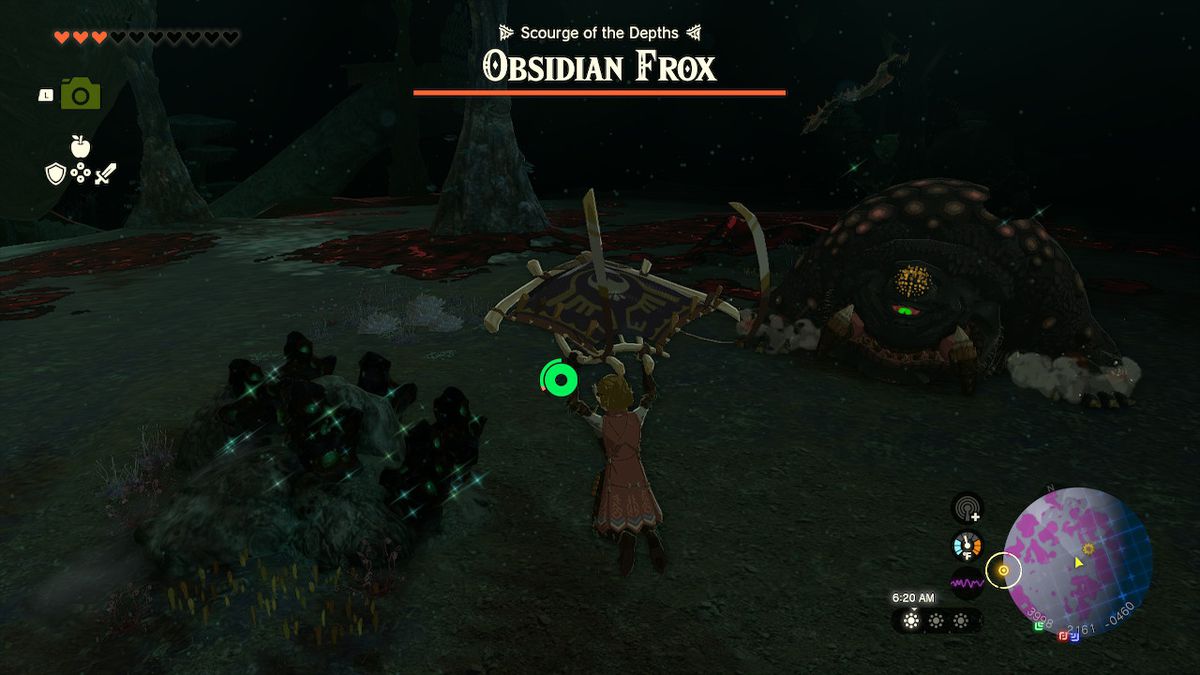 Link landar efter att ha dykt genom East Akkala Plains Chasm och möts av en Obsidian Frox i Zelda: Tears of the Kingdom