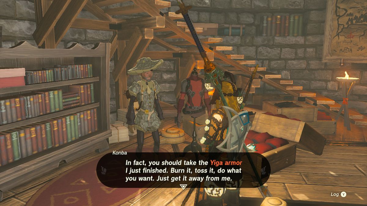 Konba, en skräddare, erbjuder Link Yiga-rustningen i Zelda: Tears of the Kingdom