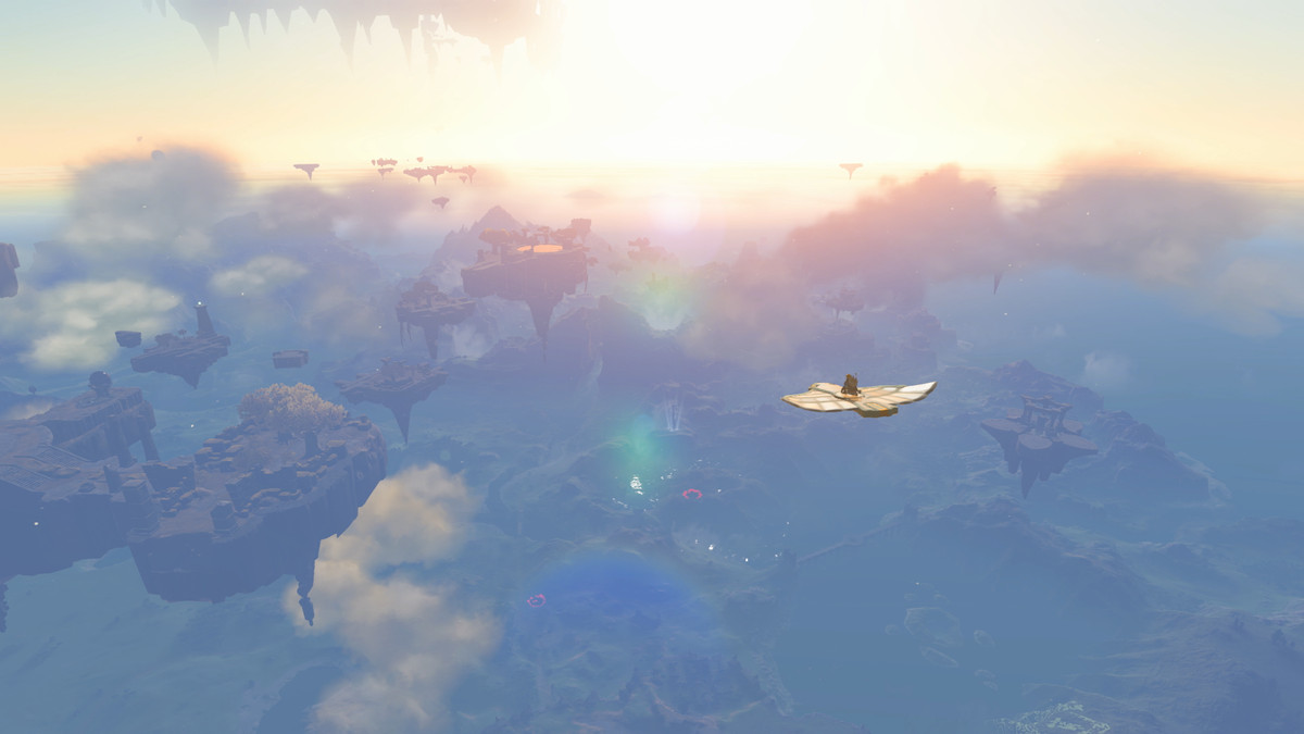 Link är en liten figur som svävar i himlen på en vingformad flygande enhet.  Nedan syns ett disigt landskap som bleknar till en solnedgång