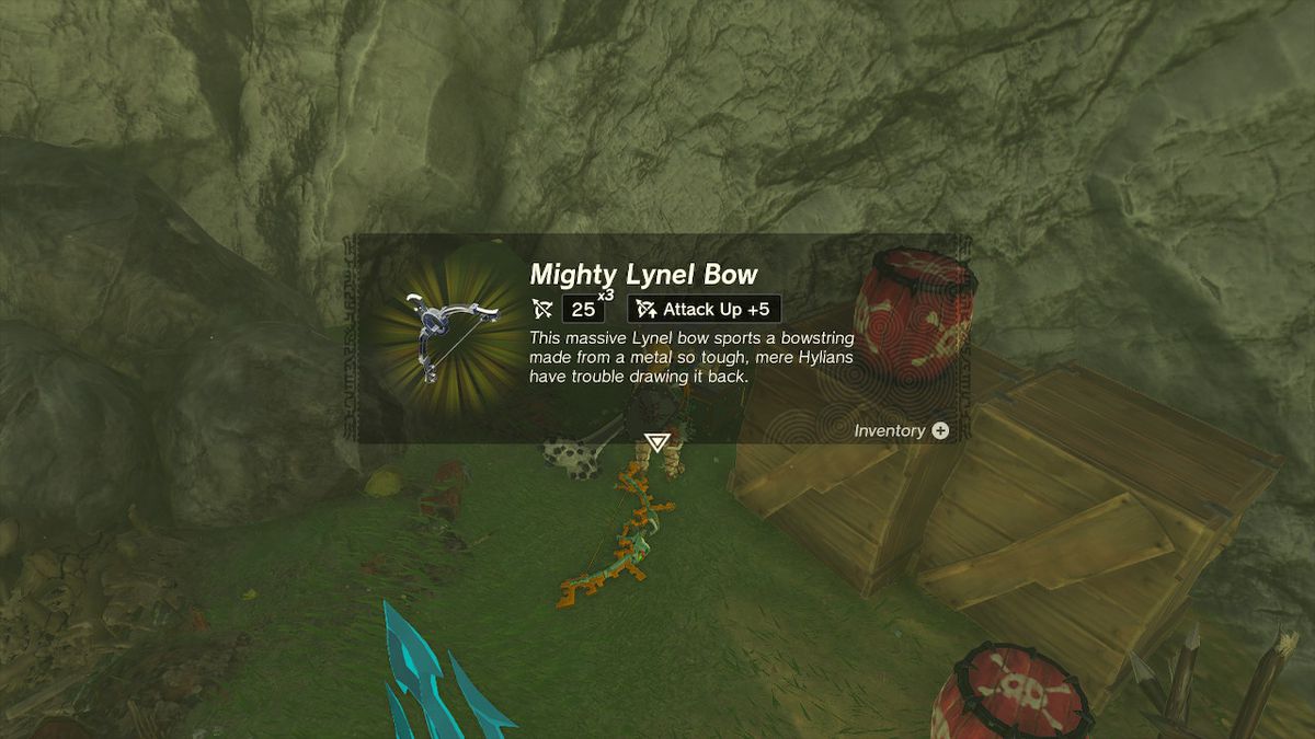 Link tar tag i en mäktig Lynel-båge för att förbereda sig för en kamp mot en Flame Gleeok i Zelda Tears of the Kingdom.