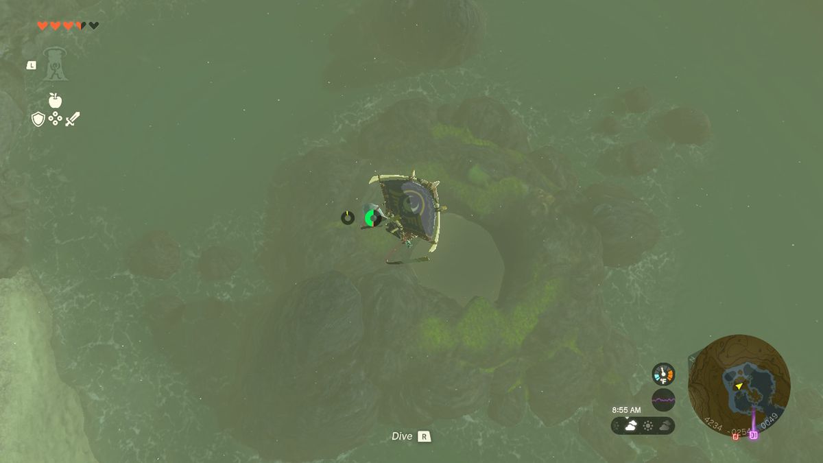 Link använder ett segelflygplan för att falla ner i en lagun medan han letar efter gummirustningen i Zelda Tears of the Kingdom.