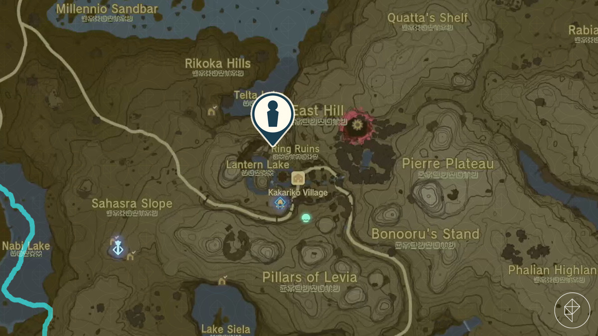 En karta i The Legend of Zelda: Tears of the Kingdom visar platsen för en undersökningscamping.  Det finns en markör nordväst om Kakariko Village som visar var hotellägaren är.