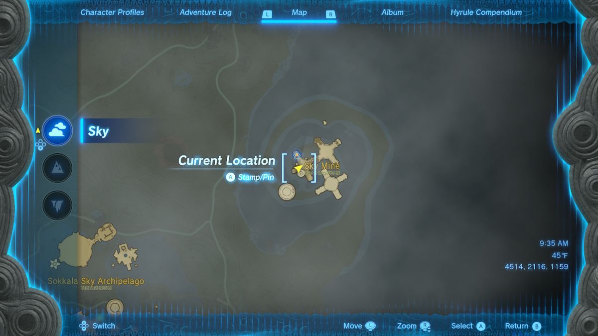 A map shows the location of a sky island with the Zonaite Armor in Zelda Tears of the Kingdom.