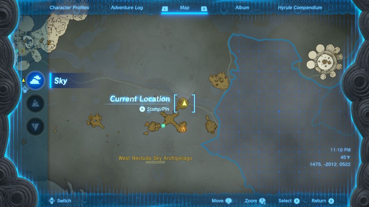 A map shows the location of a sky island containing the Zonaite Armor in Zelda Tears of the Kingdom.
