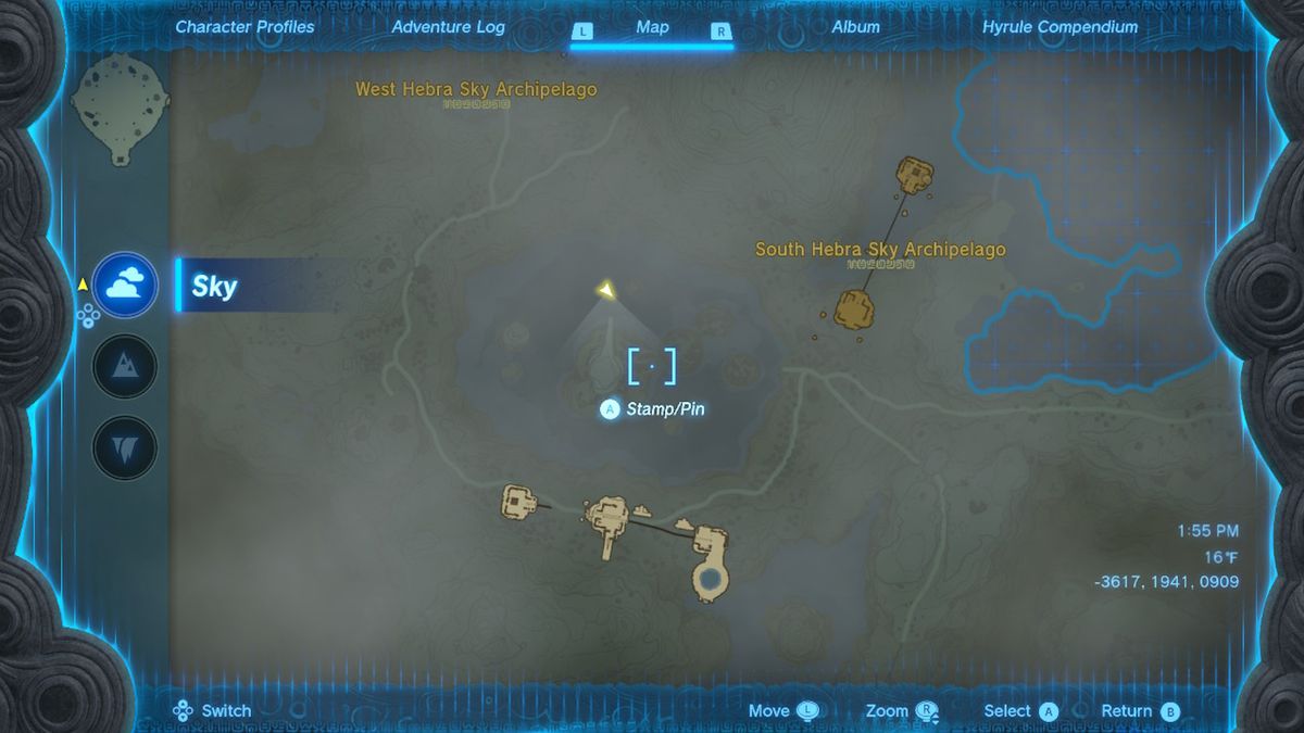 A map shows the location of three sky islands containing the Zonaite Armor in Zelda Tears of the Kingdom.