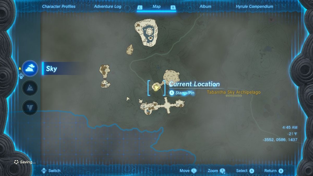 A map shows the location of a sky island with Zonai Armor in Zelda Tears of the Kingdom.