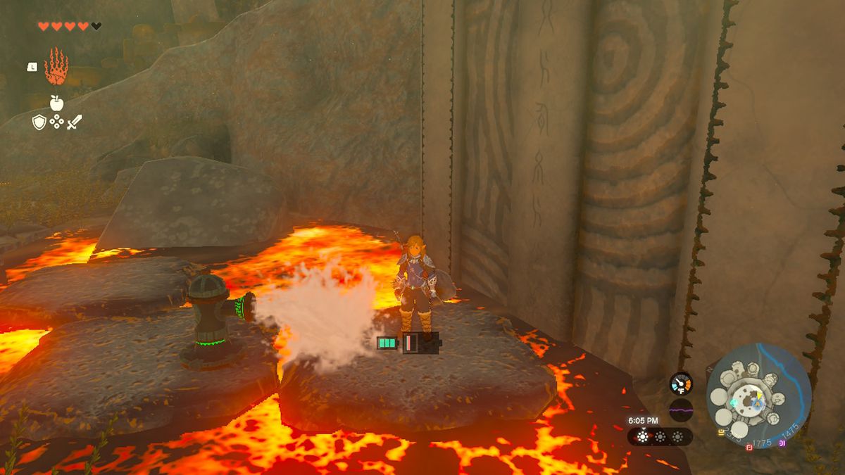 Link stands on a floating platform next to the Zonaite Armor in Zelda Tears of the Kingdom.