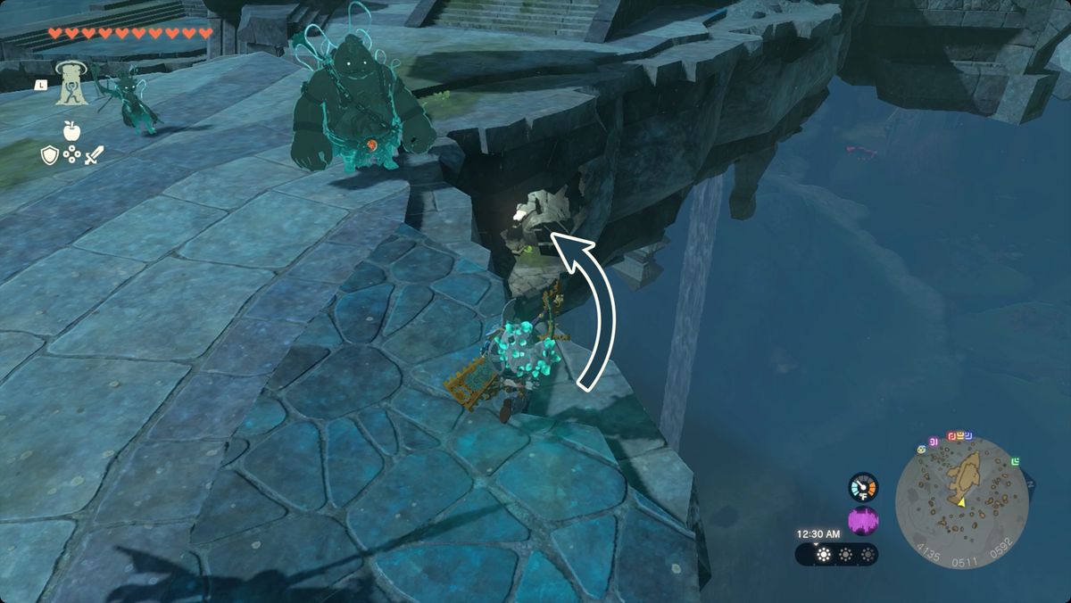 The Legend of Zelda: Tears of the Kingdom Link står på Floating Scales Island och tittar på grottan som döljer Zora Helm.