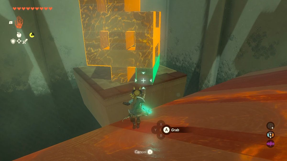 Link använder Ultrand för att dra ett block från botten av ett torn i Zelda: Tears of the Kingdom