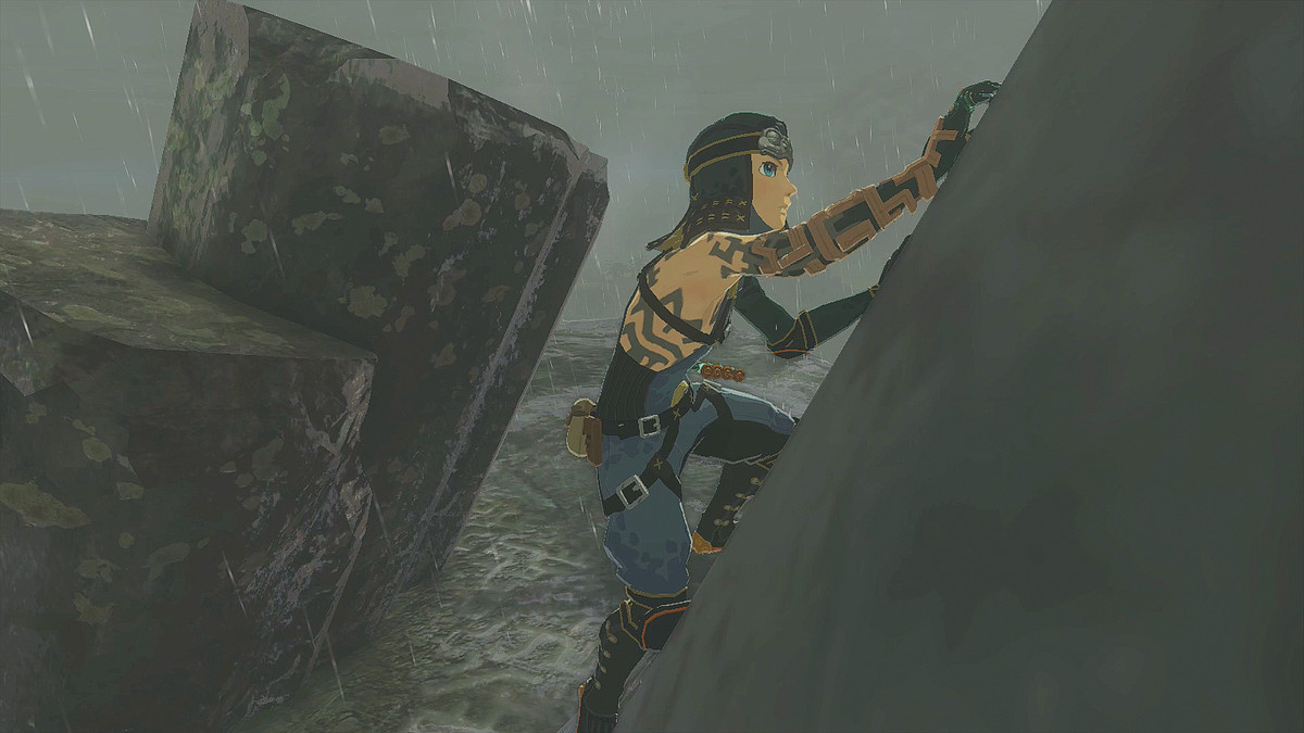 The Legend of Zelda: Tears of the Kingdom Link wearing the Froggy Armor set and climbing a rock in the rain
