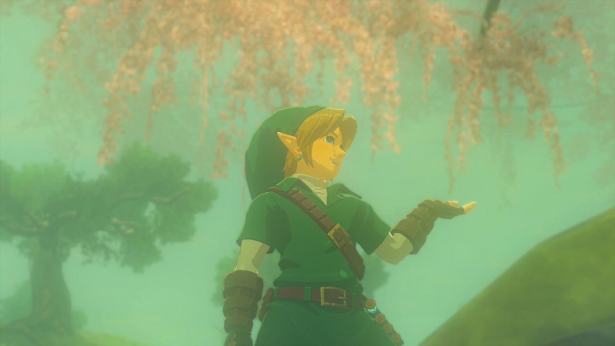 Link poses, lifting his left hand and smiling in the Korok Forest while wearing the Time Armor set in Zelda: Tears of the Kingdom
