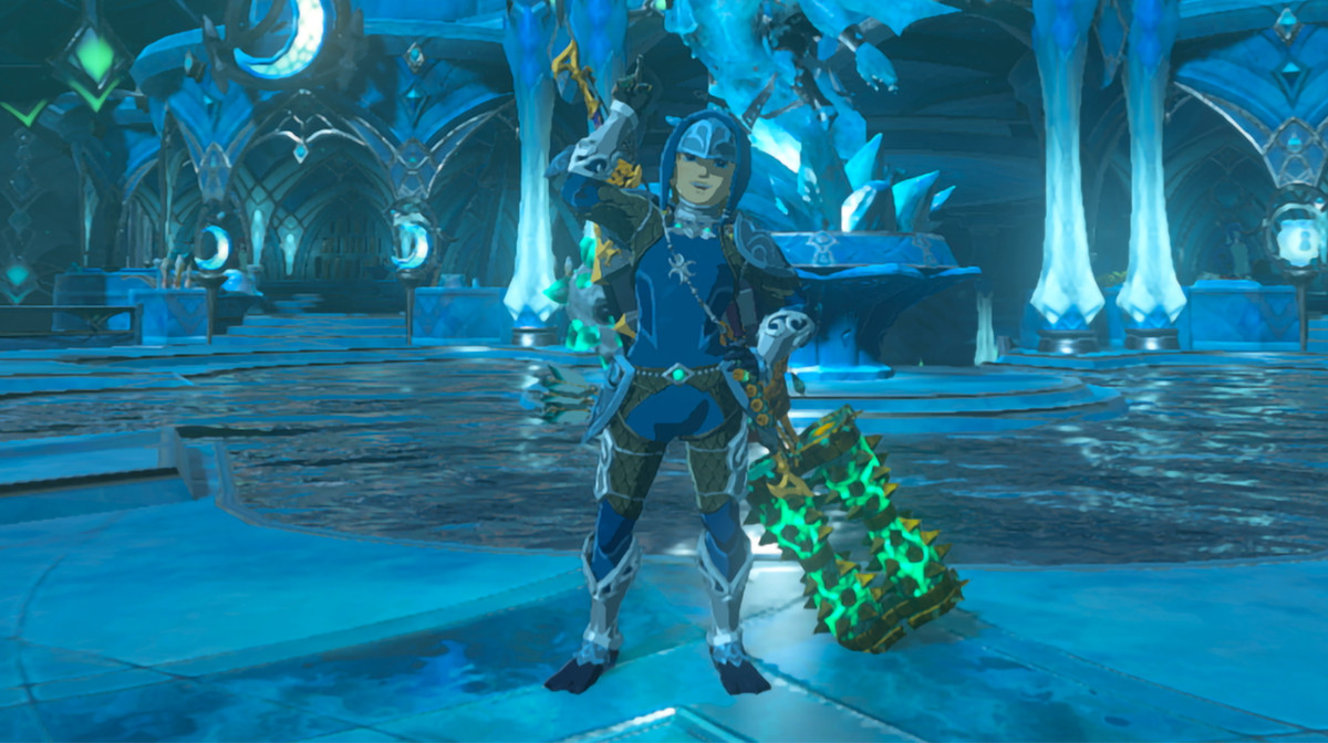 Link wearing the full Zora Armor set and looking very happy about it in The Legend of Zelda: Tears of the Kingdom