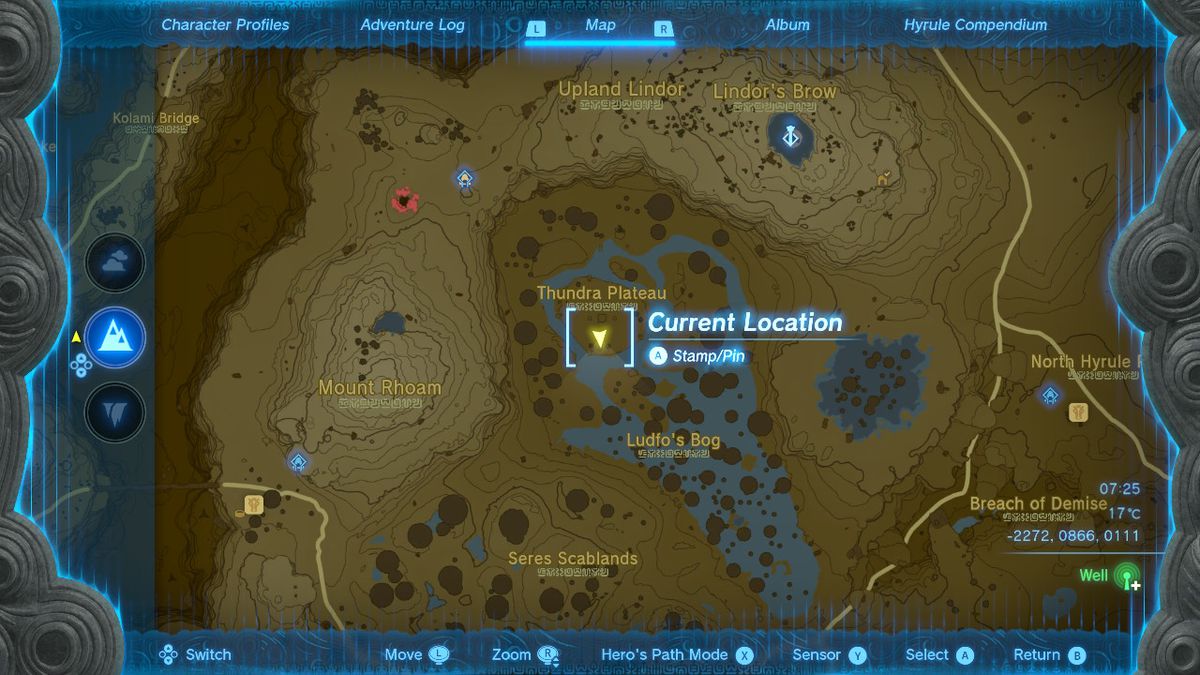 En karta visar platsen för Awakening Armor-huvudstycket i Zelda Tears of the Kingdom.