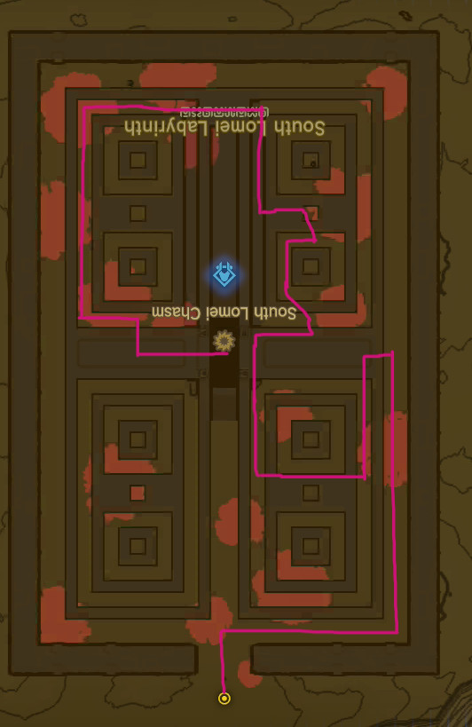 En karta, upp och ner, visar vägen genom labyrinten