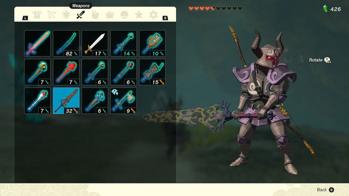 A screenshot of the weapons inventory in Zelda: Tears of the Kingdom, showcasing Link with the Royal Guard’s Claymore