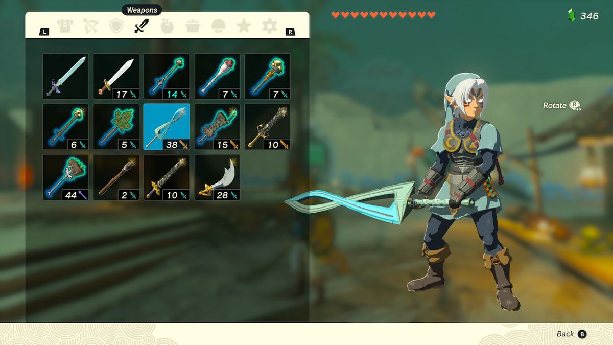 A screenshot of the weapons inventory in Zelda: Tears of the Kingdom, showcasing Link with the Fierce Deity Sword