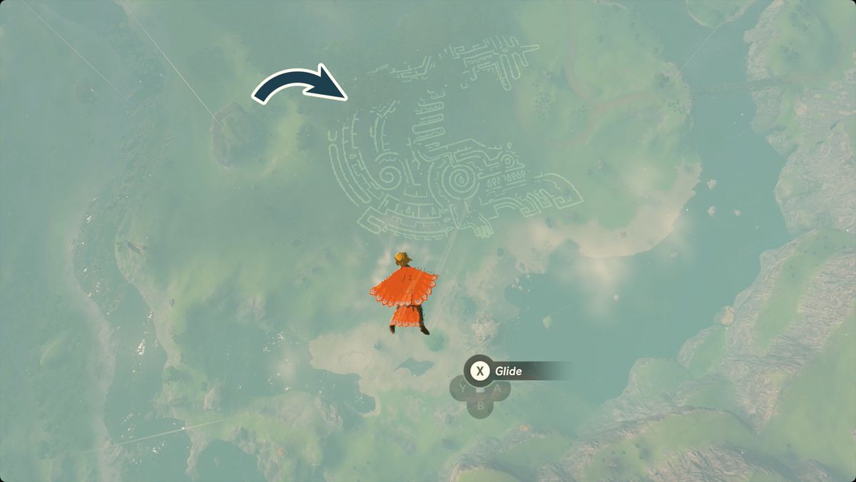 The Legend of Zelda: Tears of the Kingdom Link flying near the The Gerudo Assault geoglyph with the Tear of the Dragon location marked.