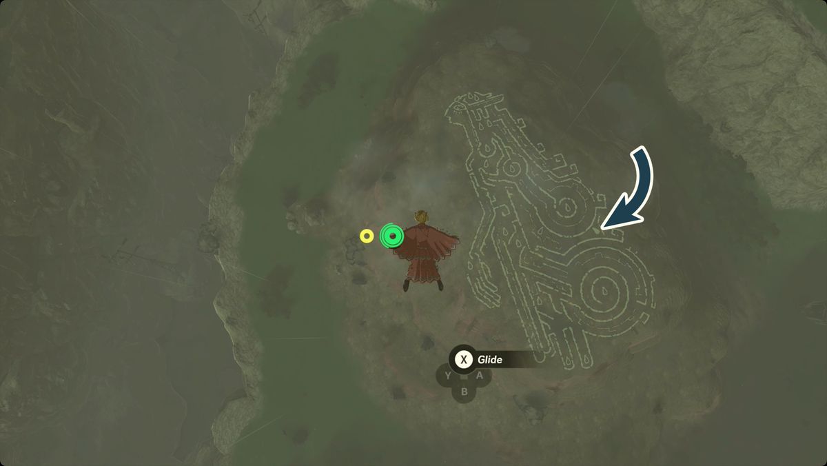 The Legend of Zelda: Tears of the Kingdom Link flying near the Zelda and Sonia geoglyph with the Tear of the Dragon location marked.