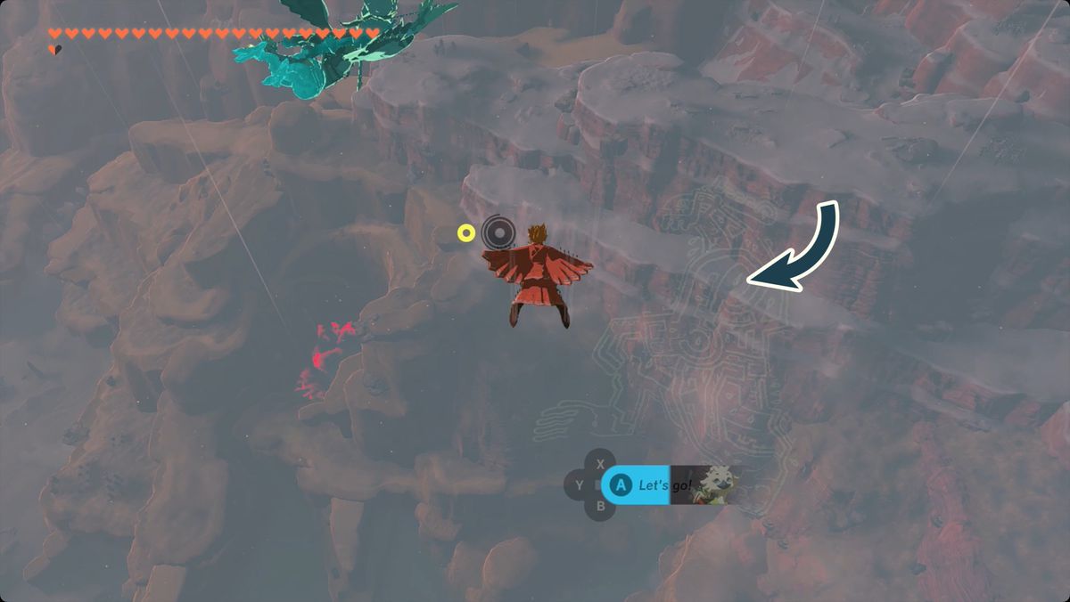 The Legend of Zelda: Tears of the Kingdom Link flying near the A Show of Fealty geoglyph with the Tear of the Dragon location marked.
