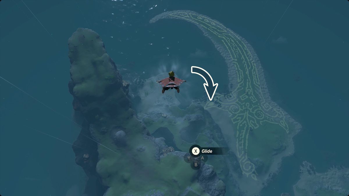 The Legend of Zelda: Tears of the Kingdom Link flying near the Sonia is Caught by Treachery geoglyph with the Tear of the Dragon location marked.