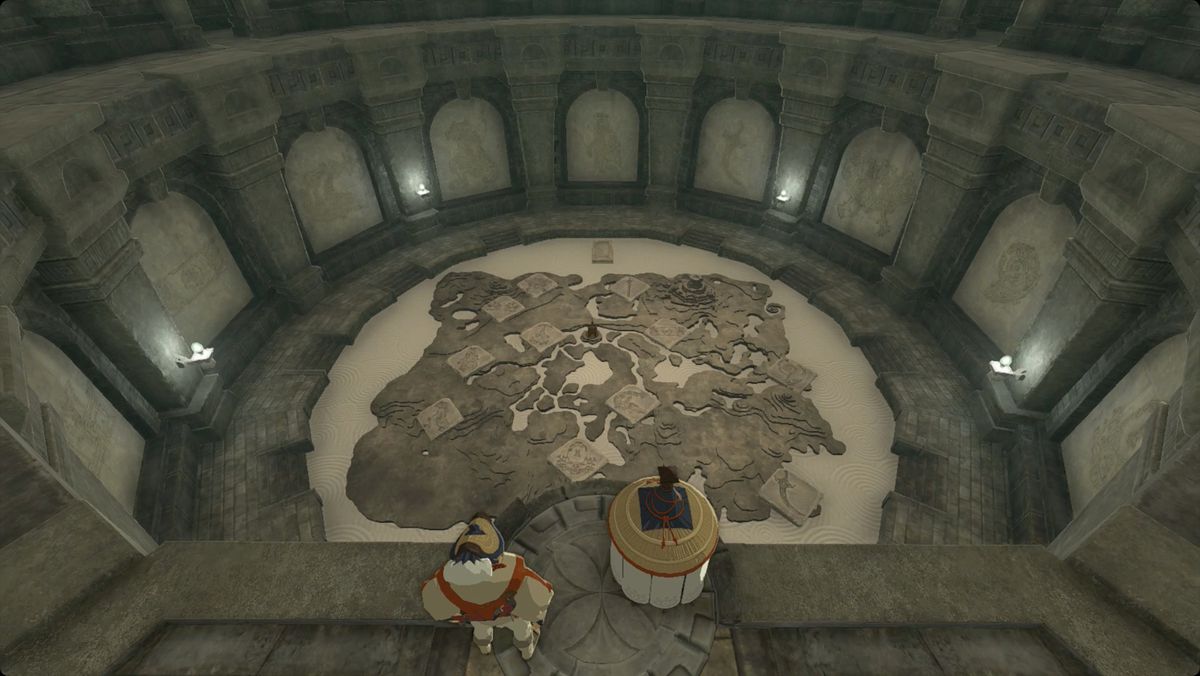 The Legend of Zelda: Tears of the Kingdom Impa standing over the floor map of the 11 geoglyphs in the Forgotten Temple.