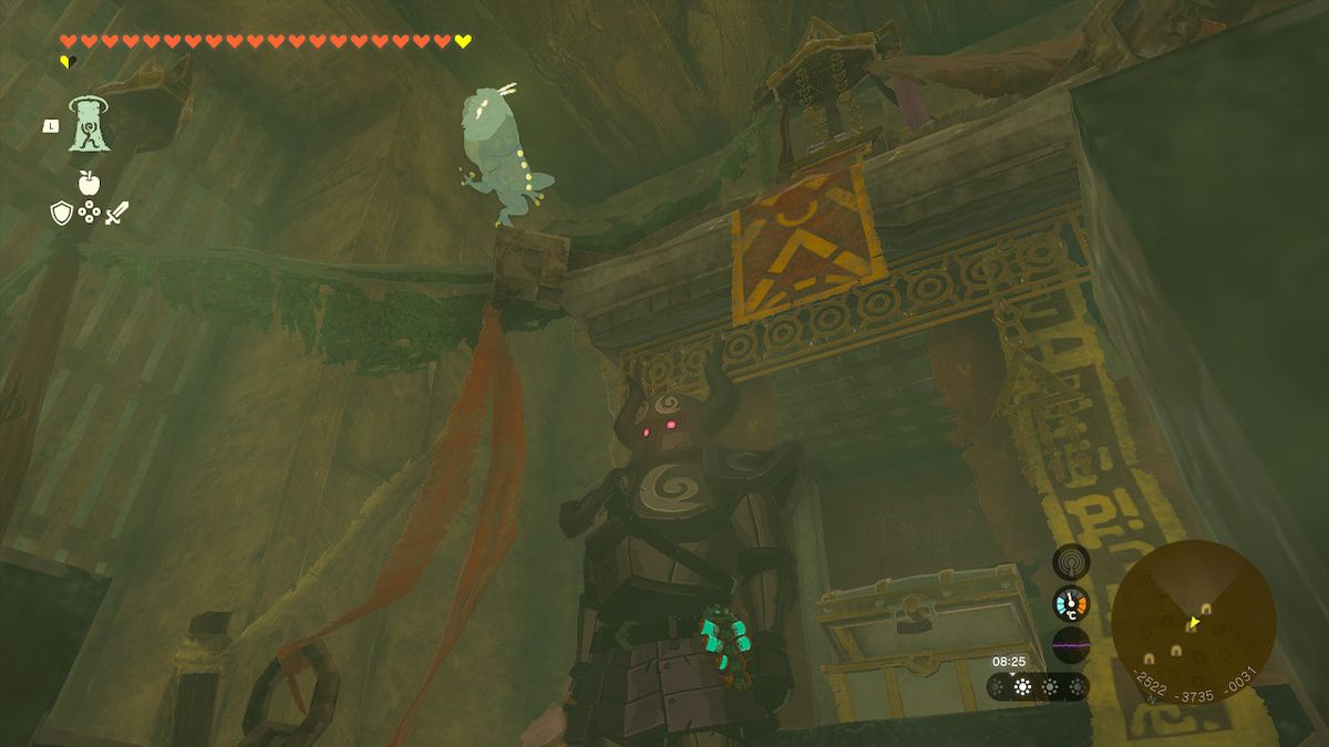 Link, iklädd hela fantomrustningen, står under en bubbelgroda i Zelda Tears of the Kingdom.