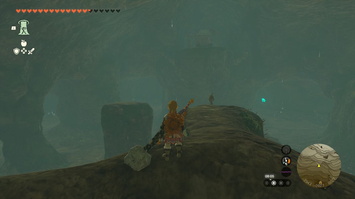 Link står på en klippa i Tamio River Downstream Cave i Zelda Tears of the Kingdom.
