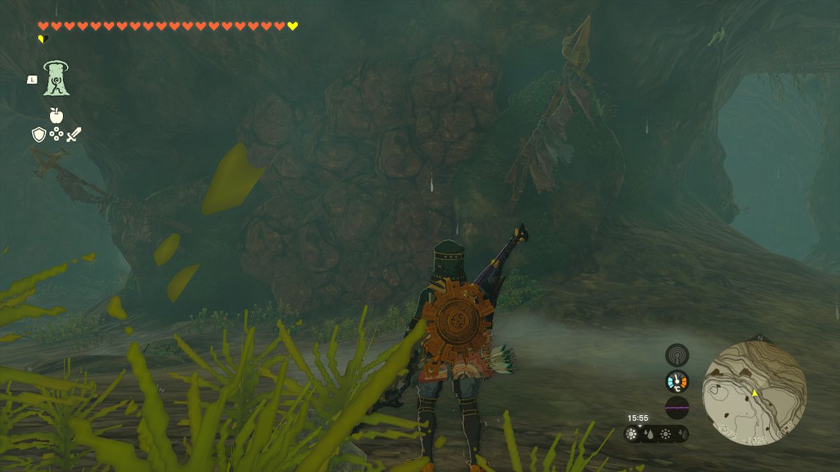 Link stirrar på en passage blockerad av sönderfallande sten i Zelda Tears of the Kingdom.
