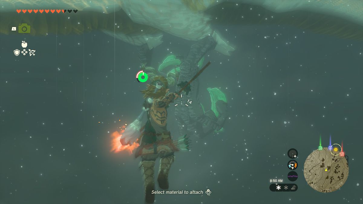 Link är upphängd i luften och siktar med sin båge mot en drakklo i Zelda: Tears of the Kingdom