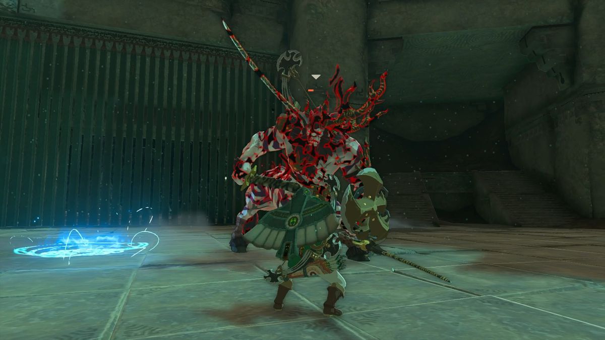 Link facing off against a Silver Lynel in the boss rush at the Floating Coliseum, which is located in the Depths in The Legend of Zelda: Tears of the Kingdom.