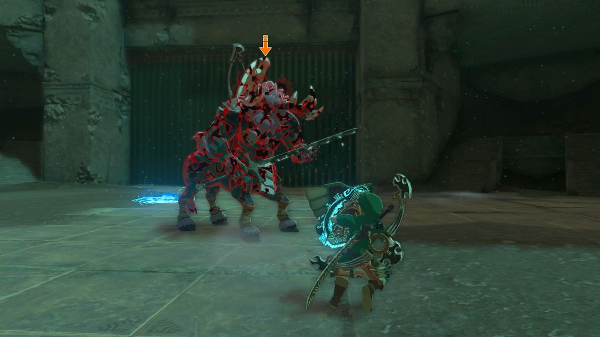 Link facing off against the second Lynel during the boss rush at the Floating Coliseum, which is located in the Depths in The Legend of Zelda: Tears of the Kingdom